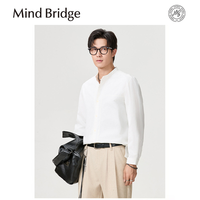 Mind Bridge纯棉衬衫男长袖2025春新款中式白色立领衬衣圆领外套