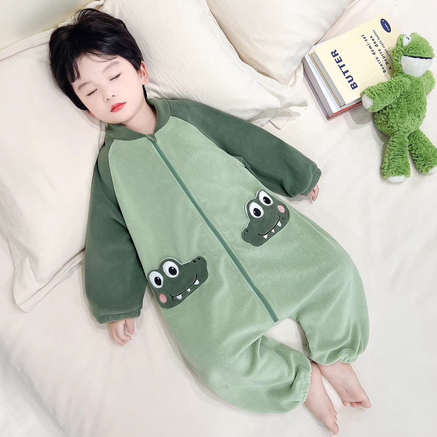 法国儿童恐龙连体睡衣秋冬季奥粒绒婴儿睡袋保暖防踢男童宝宝爬服