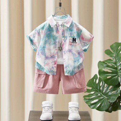 法国男童短袖衬衫套装新款夏季薄款痞帅儿童男宝宝夏日穿搭衣服潮