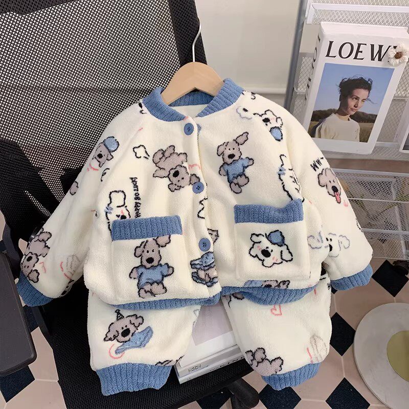 法国儿童睡衣珊瑚绒冬季法兰绒加厚款三层夹棉保暖宝宝新款家居服