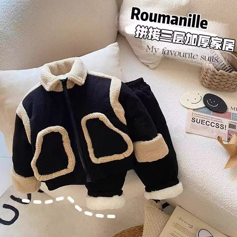 法国男童冬季家居服新款宝宝三层加厚夹棉加绒睡衣儿童保暖两件套