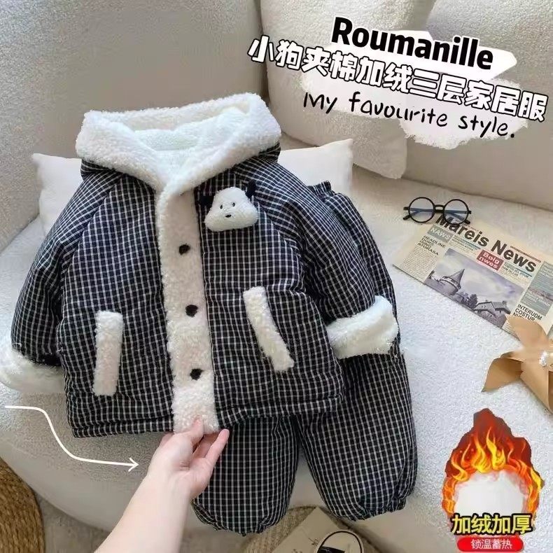 法国儿童睡衣加绒冬季男女童三层格子夹棉保暖加厚家居服休闲套装