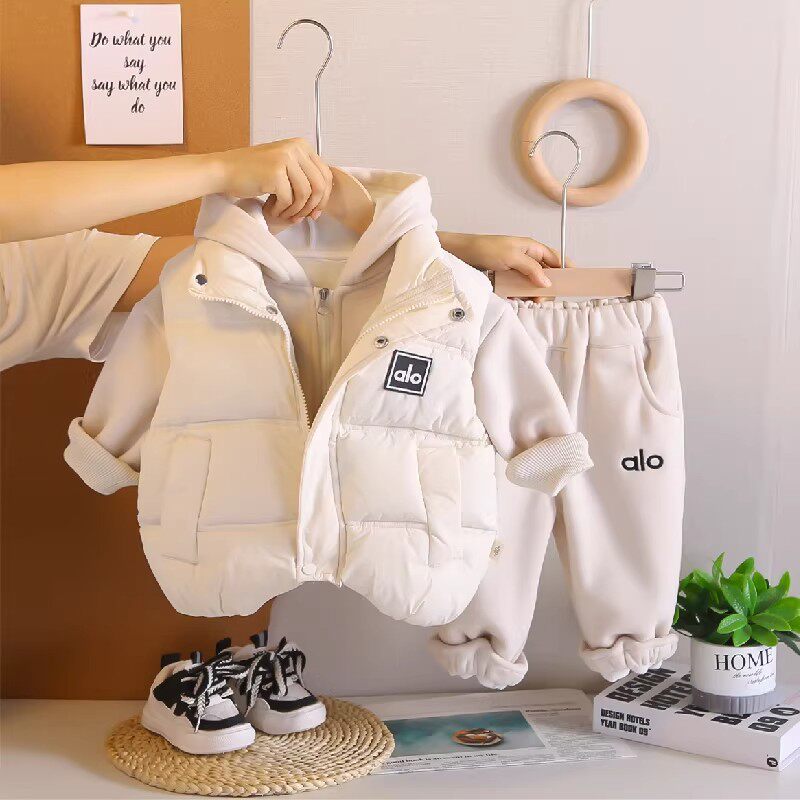 法国婴儿衣服秋冬小童加绒卫衣夹棉保暖套装三件套一岁男宝宝冬装