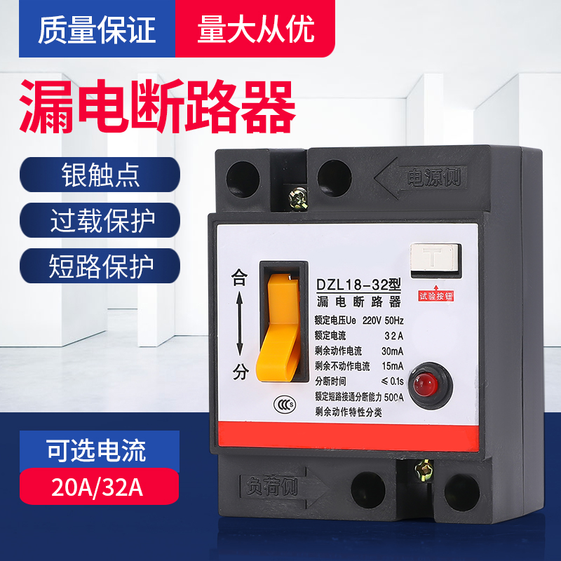 DZL18-32小型家用漏电保护开关20A 32A漏电保护器空气开关2P 220V
