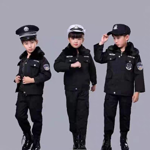 儿童加绒加厚保暖棉袄棉裤特警套装警官衣服演出服军装角色拜年服