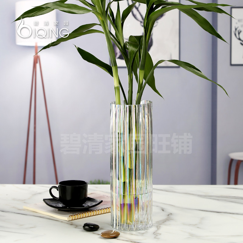 热销竖条七彩网红北欧玻璃花瓶摆件E客厅插花透明烟灰水培富贵竹