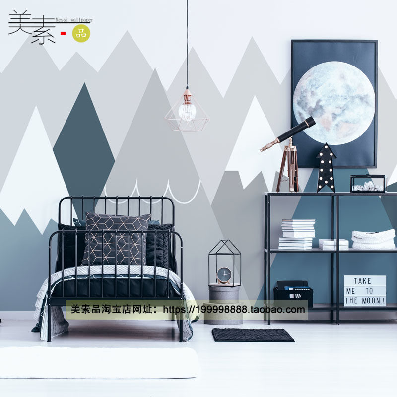 热销北欧风儿童房壁纸男孩蓝色粉色卧室卡L通几何山峰壁画 画早教