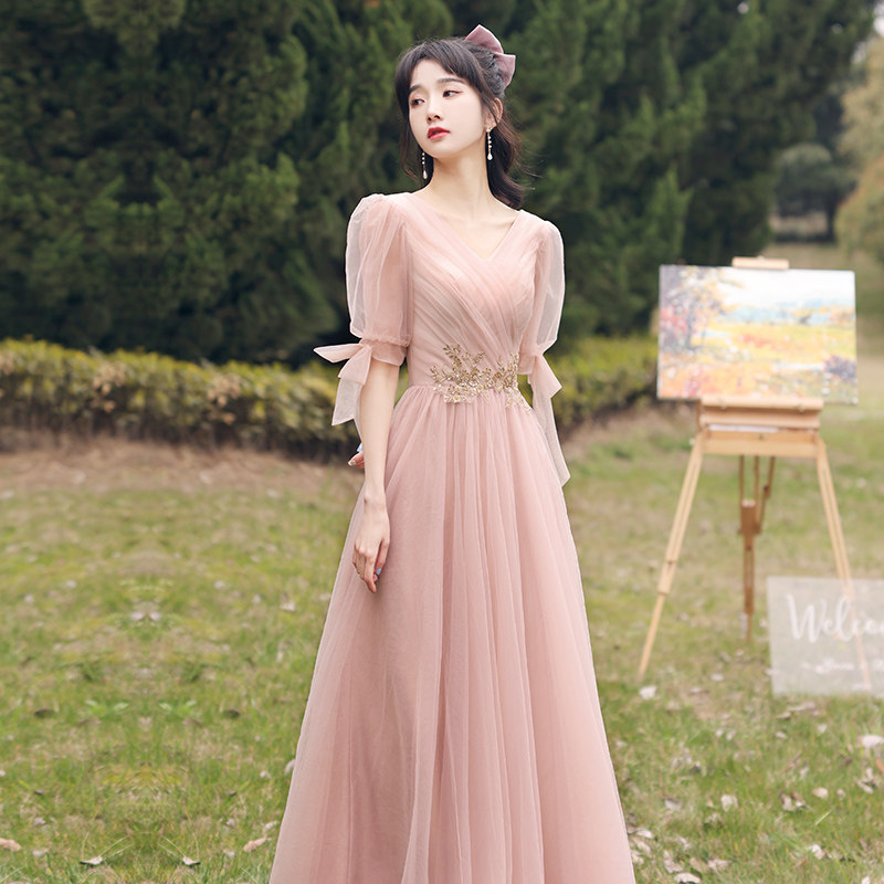 速发粉色伴娘服2021新款秋冬季姐妹团婚礼小晚礼服裙子日常平时可