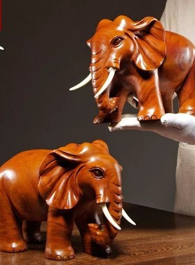 速发花梨木办刻大象摆件一对实木家象吉祥木质吸水居雕公室装饰工