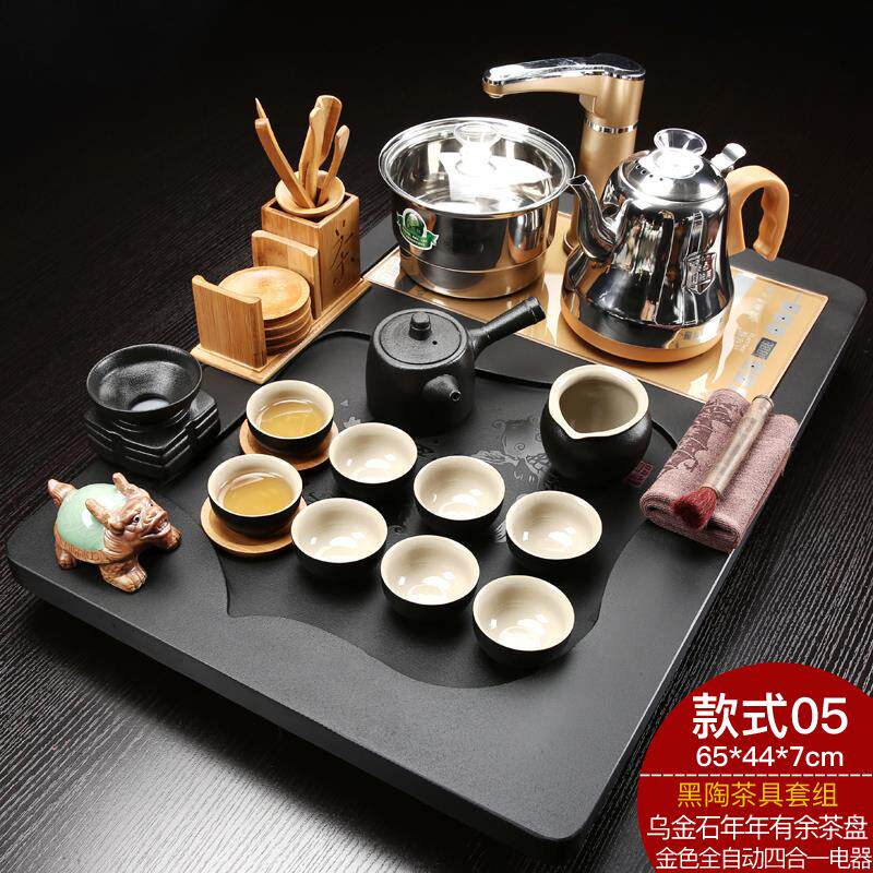 速发整版乌金石头茶盘茶具套装一体上水功夫茶台玻璃泡茶杯紫砂壶