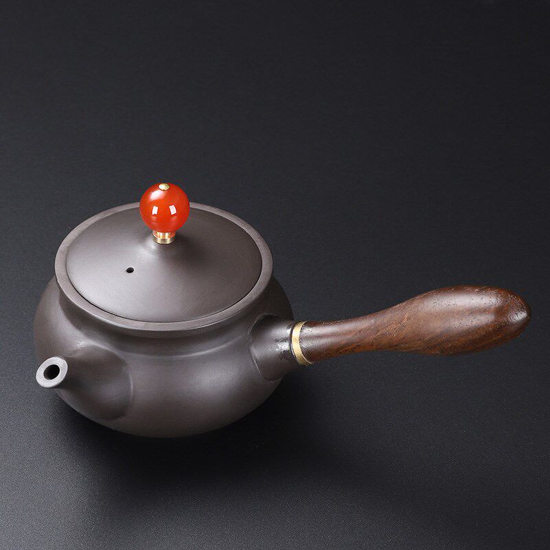 速发玛瑙红珠子原矿紫砂壶侧把壶茶碗 家用紫砂茶具泡茶器单壶紫