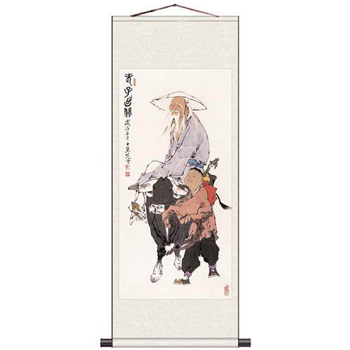 现货老子骑牛图道德经丝绸画卷轴画已装裱可中式S卷轴道德讲堂挂