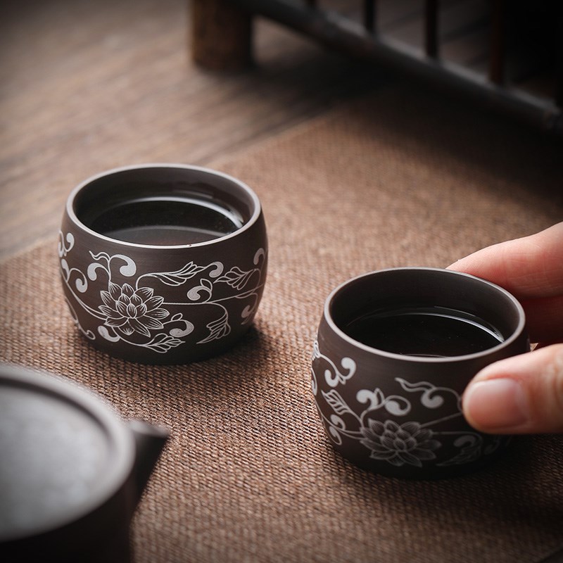 速发银绘缠枝莲紫砂主人茶杯茶碗品茶杯 家用紫砂茶具主人杯茶道