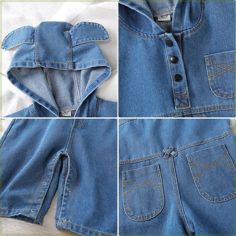 速发1婴儿韩版套装宝宝牛仔新款连体衣背带裤爬服外出服哈衣带帽