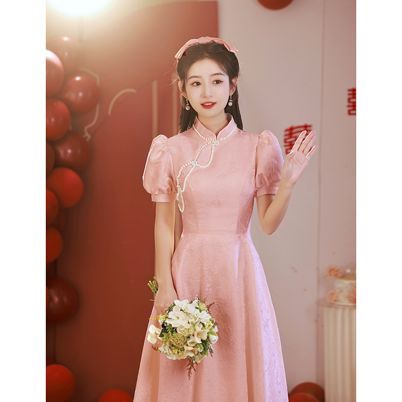 速发新可式旗袍订婚礼服衣服新款粉色平时感穿连衣裙高级中小众伴