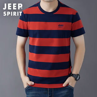 短袖 条纹体恤衫 T恤夏季 圆领宽松大码 2035 男薄款 吉普休闲2025新品