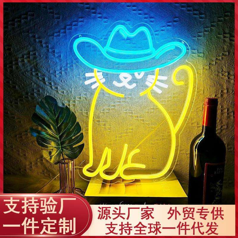 led霓虹灯背板蓝帽小猫透明亚克力霓虹灯 摆件房间氛围灯可爱彩灯