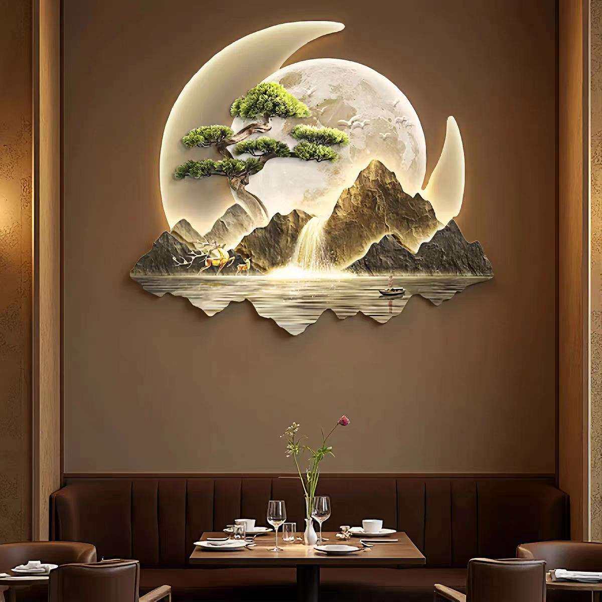 迎客松山水灯光画背靠金山新中式玄关画入户正对门壁画发光挂画