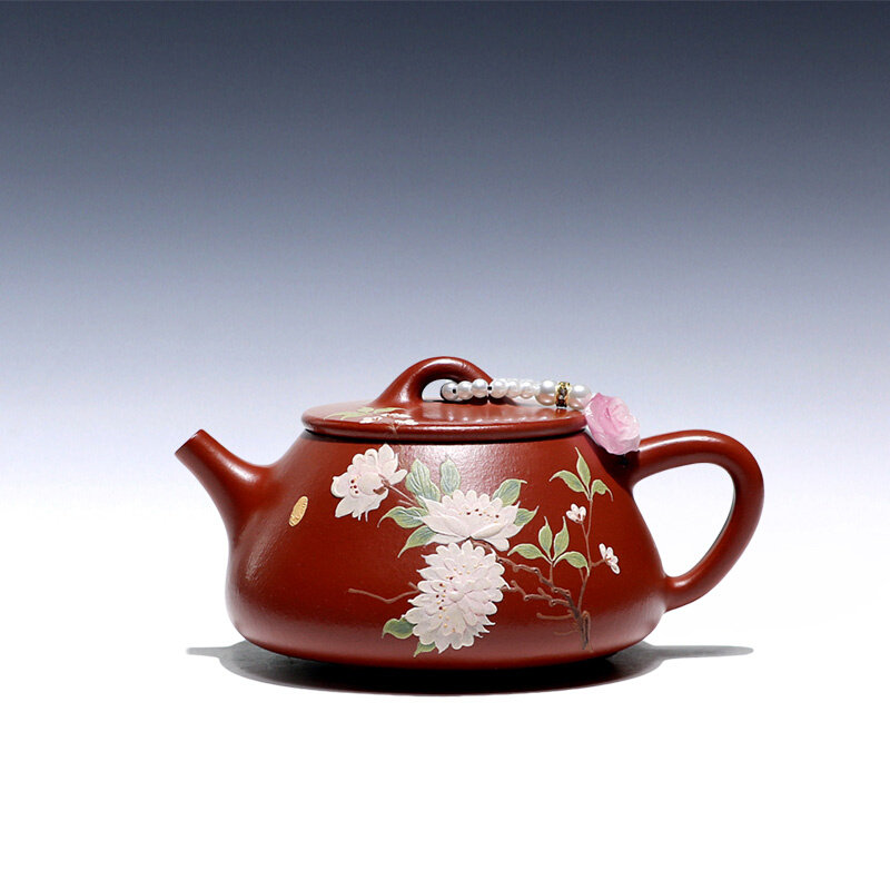 【不亦乐壶】宜兴原矿紫砂茶壶饶青手工精致泥绘牡丹朱泥平盖石瓢