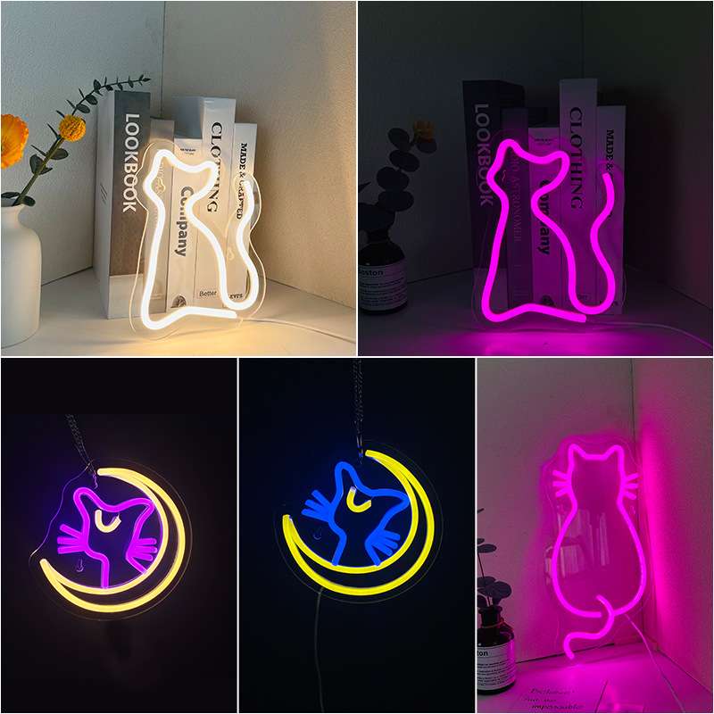 发光造型猫咪亚克力霓虹灯跨境led灯牌定房间室内led装饰灯制