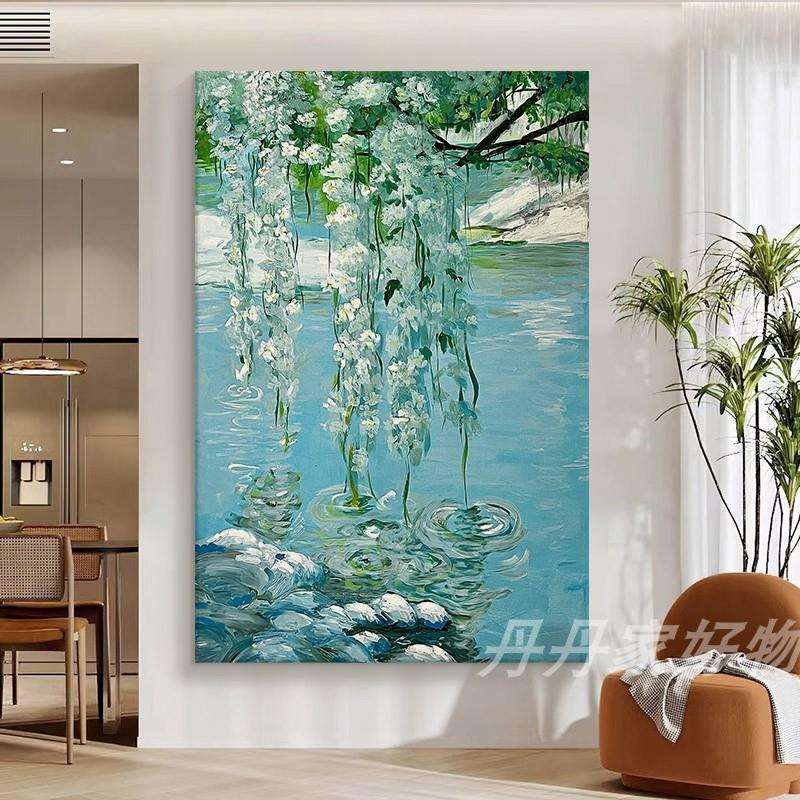 莫奈印象派手绘油画客厅抽象溪中花装饰画玄关大幅高级感肌理挂画