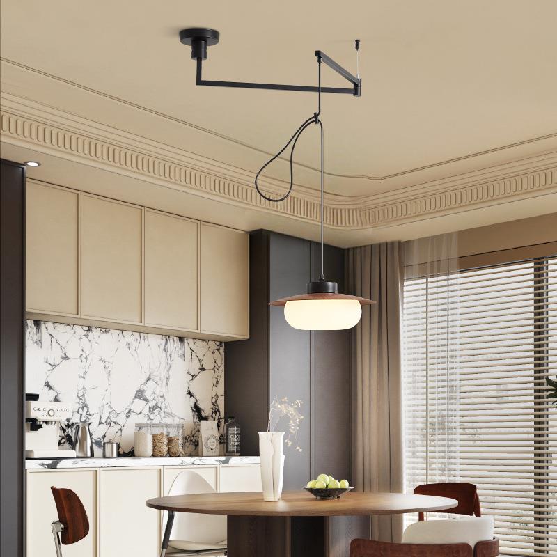 中古风餐桌轻奢门店饭桌吊灯家用客厅卧室胡桃木纹可调节摇臂吊灯