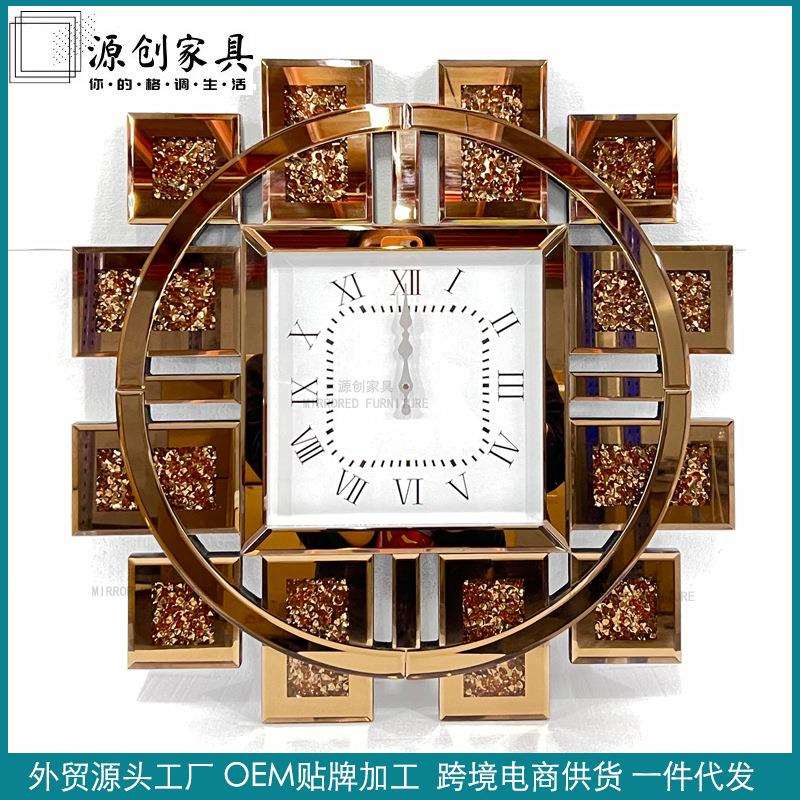 壁挂时钟客厅墙玻璃钟厂家直销镜面轻奢墙装饰钻石静音艺术