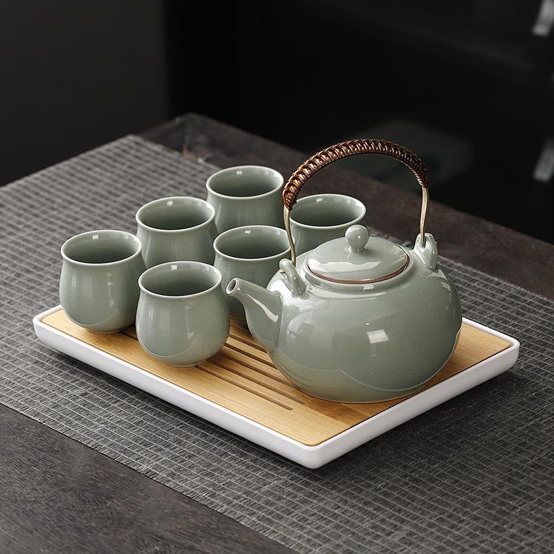 哥窑冰裂开片提梁壶茶具套装陶瓷大容量茶壶茶杯整套家用带过滤网