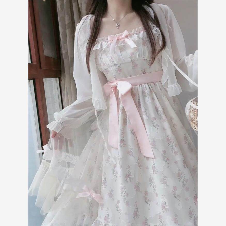 法式超仙甜美蝴蝶结碎花吊带连衣裙女夏日新款百搭防晒开衫两件套