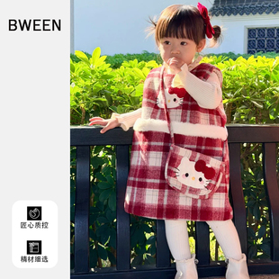 女童连衣裙冬季2025新款女宝宝红色卡通KT猫拜年服儿童背心裙冬天