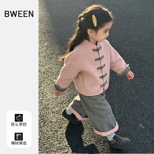 女童新中式毛呢套装冬季2025新款洋气儿童时尚加厚保暖外套裤子冬