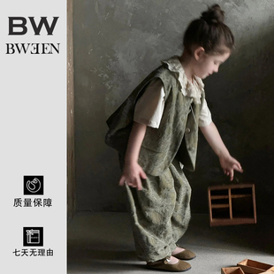 女童套装春秋款2026新款洋气宝宝复古提花马甲灯笼裤儿童三件套