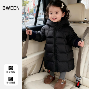 女童过膝长款羽绒服2025冬季新款女宝宝黑色加厚保暖连帽儿童外套