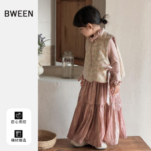 女童套装冬季2025新款女宝宝复古新中式绣花夹棉马甲儿童半身裙冬