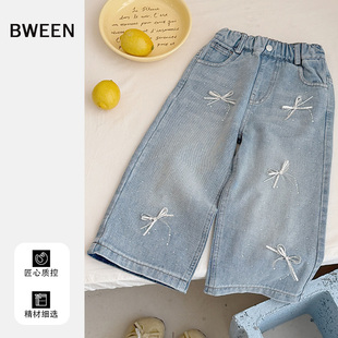 春季女童牛仔裤2026新款洋气时髦百搭宝宝蝴蝶结镶钻儿童裤子春款