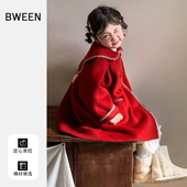 加厚中长款 洋气儿童时尚 呢大衣 毛呢外套26新款 女童红色拜年服冬款