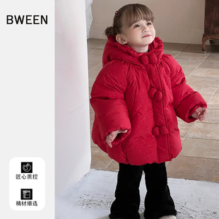 女童过年服冬季羽绒服2025新款儿童韩版时尚加厚保暖红色连帽外套