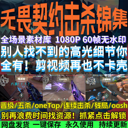 无畏契约击杀素材超清游戏视频素材五杀/Onetap/Dash/颗秒/共160g
