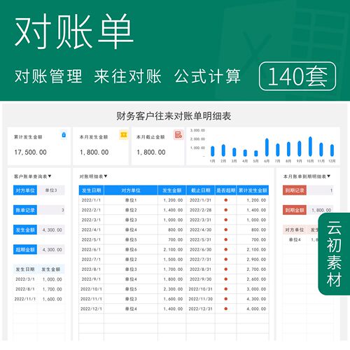 公司企业客户对账单Excel模板供应商销售财务月度往来明细表格