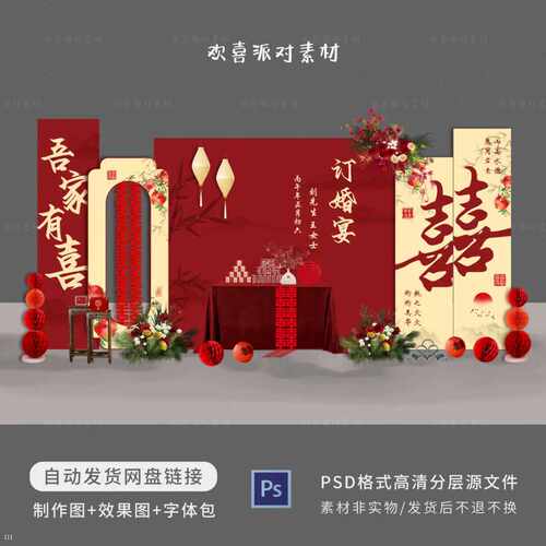 新中式红色订婚宴竹子 石榴 吾家有喜回门答谢宴设计素材ps源文件