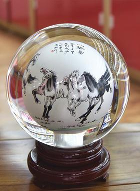 内画琉璃水晶球八骏图马到成功礼品玻璃工艺品摆件礼物客厅电视柜