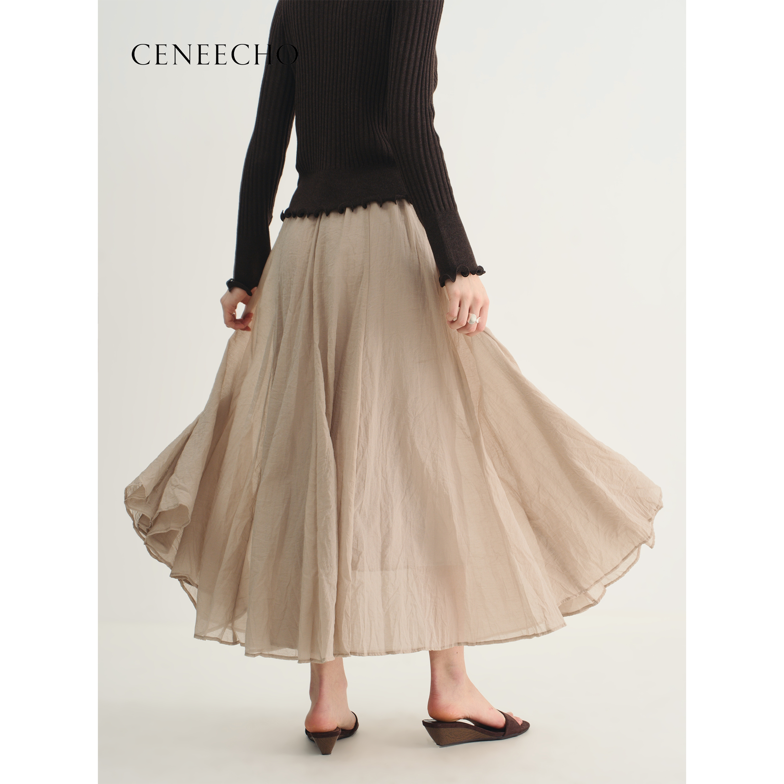 CENEECHO可妮周同款 优雅风压褶半身裙女长裙温柔大摆裙垂感伞裙