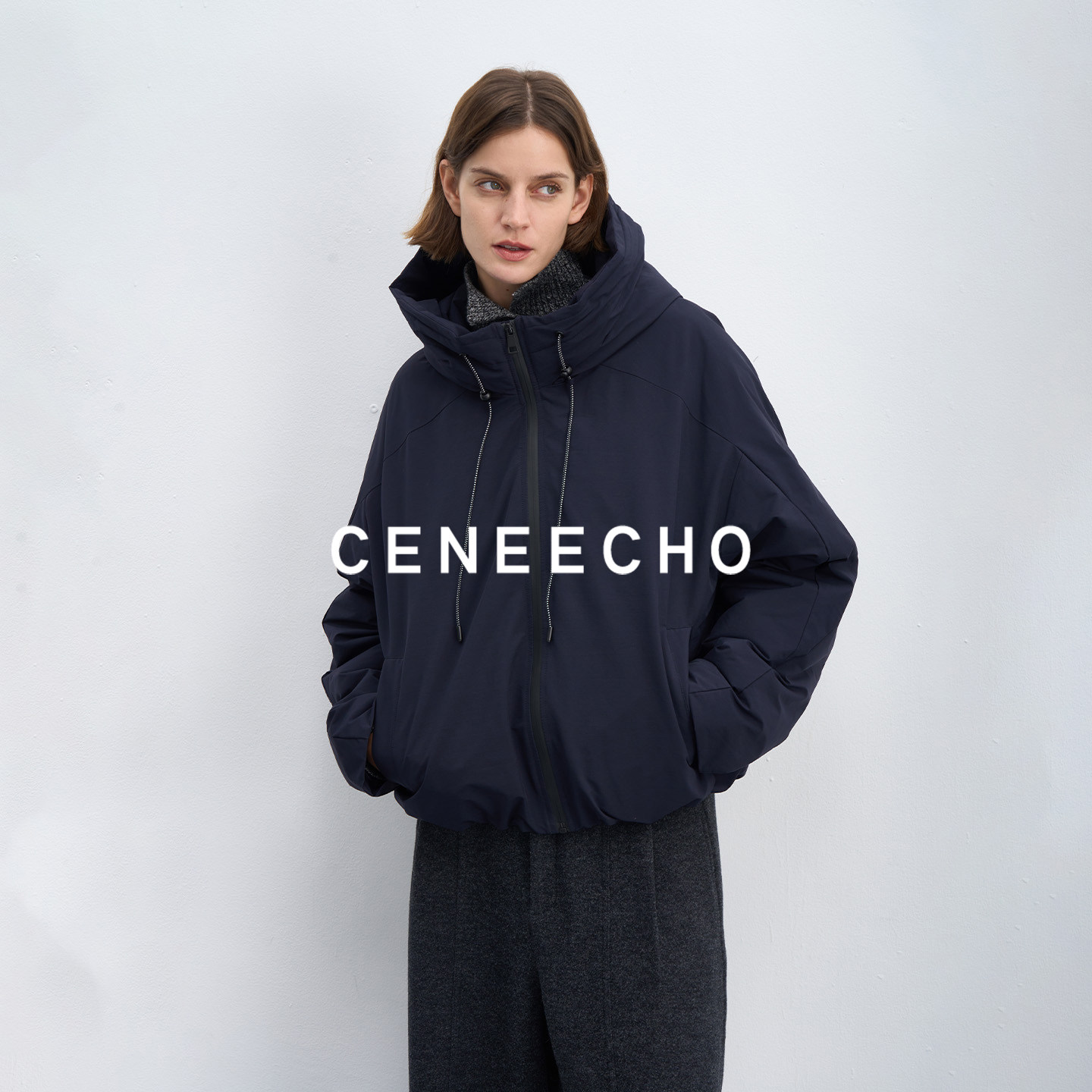 CENEECHO 标准90白鸭绒防风冲锋衣羽绒服女连帽加厚保暖外套上衣