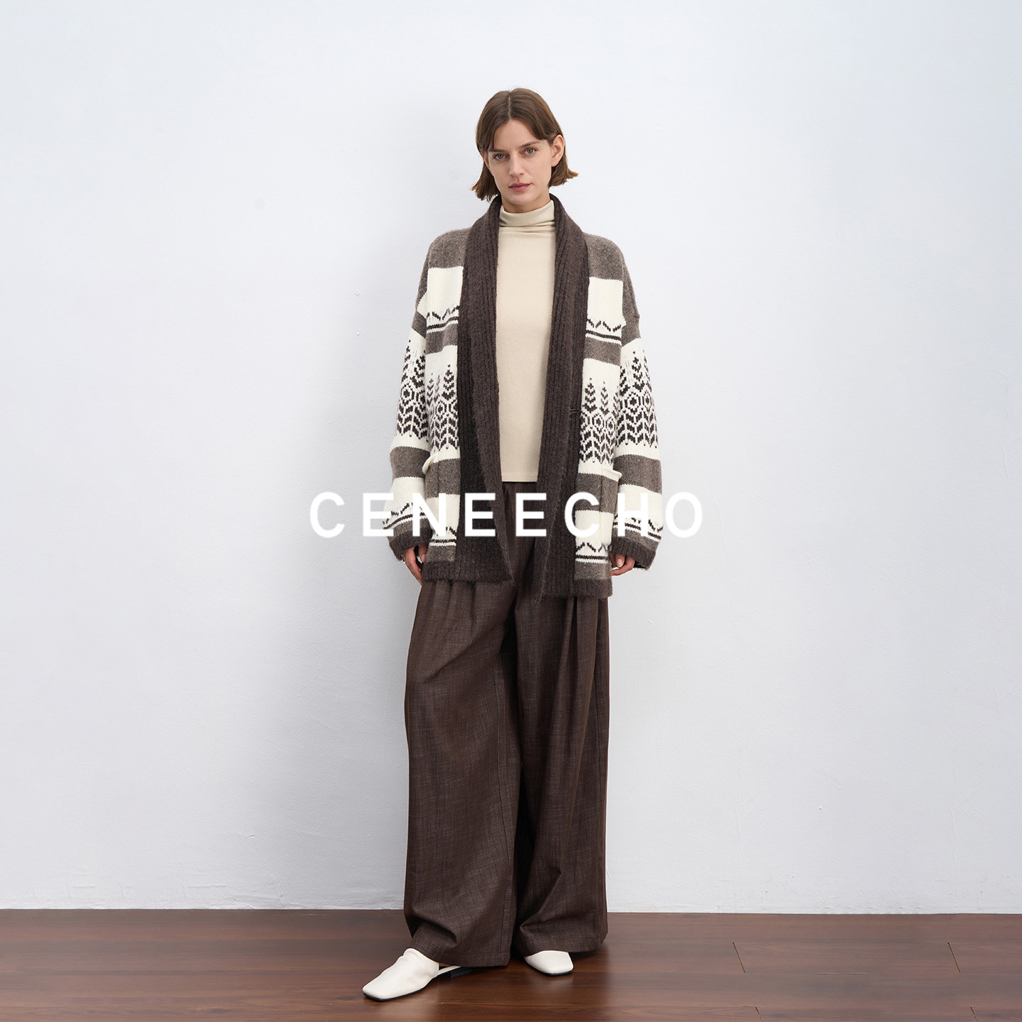 CENEECHO 复古费尔岛提花宽松开衫毛衣女复古设计V领拼色保暖外套
