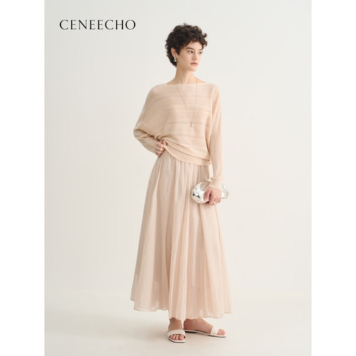 CENEECHO绵羊毛柔感简约风圆领落肩针织衫女宽松通勤慵懒风上衣