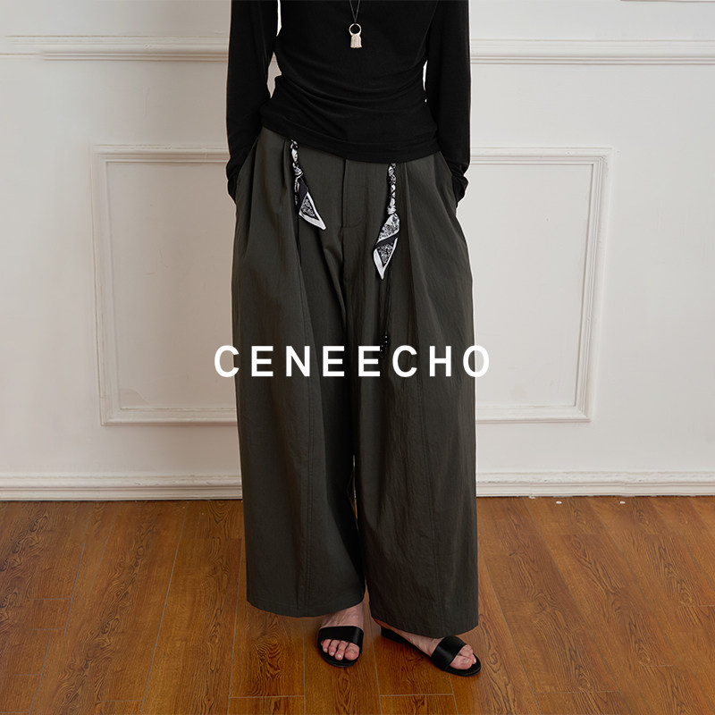 CENEECHO 新款高腰丝巾腰带阔腿裤女休闲显瘦直筒长裤子百搭休闲