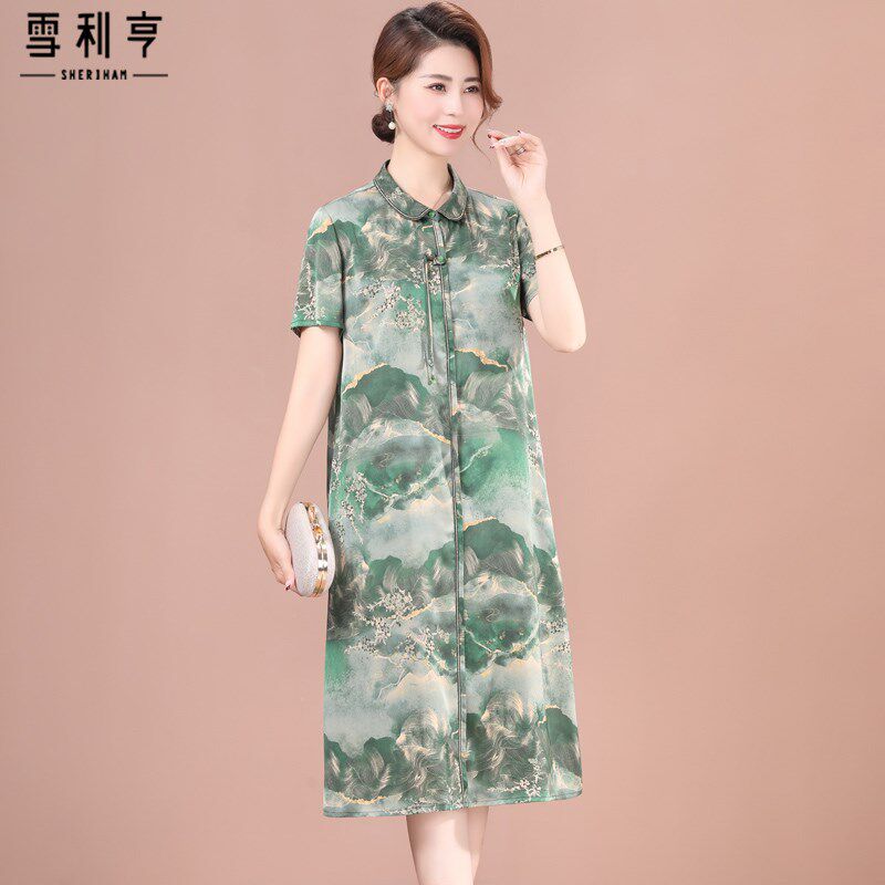 中年妈妈洋气连衣裙气质过膝2025D夏季新款印花时尚贵夫人百搭裙