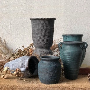 极速老式土陶盆陶盆土陶古窑复古做旧粗陶盆干P燥花花瓶酒店软装