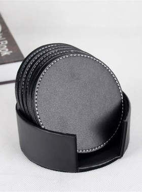 极速6pcs Set PU Leather Coaster Cup MatJ Black Round Square