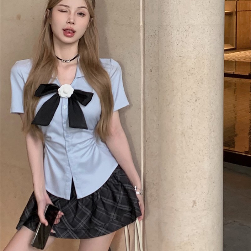 极速胖mm学院风jk制服套装w蓝色短款衬衫上衣女夏季大尺码格子半